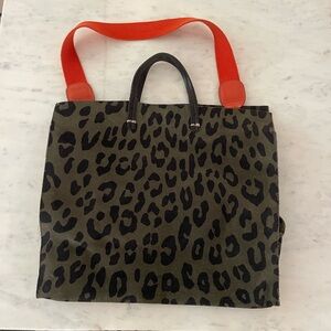 Clare V green leopard suede large tote with orange shorty strap